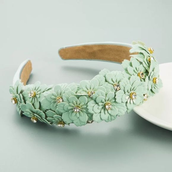 The Headband Shop Accessories - ARIANNA - Vegan Leather Padded/Embellished Rhinestones Flowers Headband - GREEN
